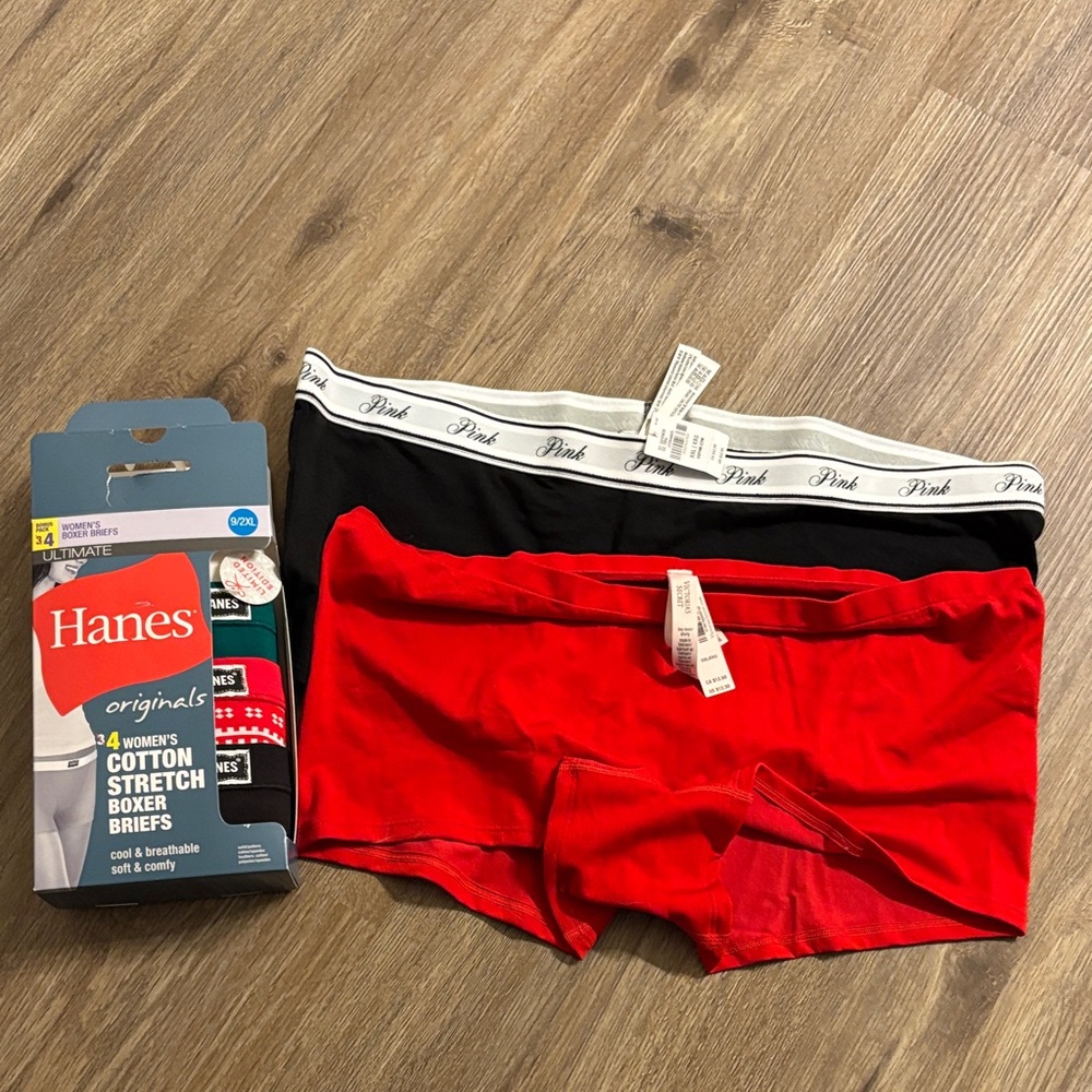 NIB Hanes cotton stretch boxer briefs size 9/2 XL + 2 VS/Pink boy shorts XXL